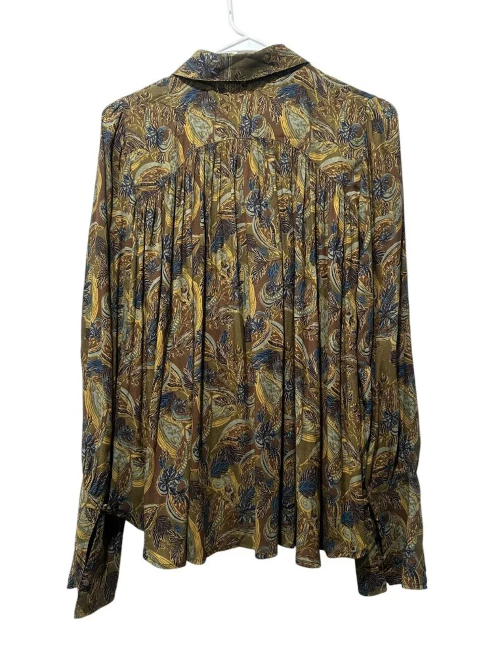 Free People Paisley Pleated Top Women Small Green Collared Tie Long Sleeve Flowy - Picture 4 of 16
